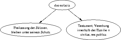 digraph sonja {
  "duo solacia" -> { A B };
  A [label="Freilassung der Sklaven,\nbleiben unter seinem Schutz"];
  B [label="Testament, Vererbung\ninnerhalb der Familie =\ncivitas, res publica"];
}
